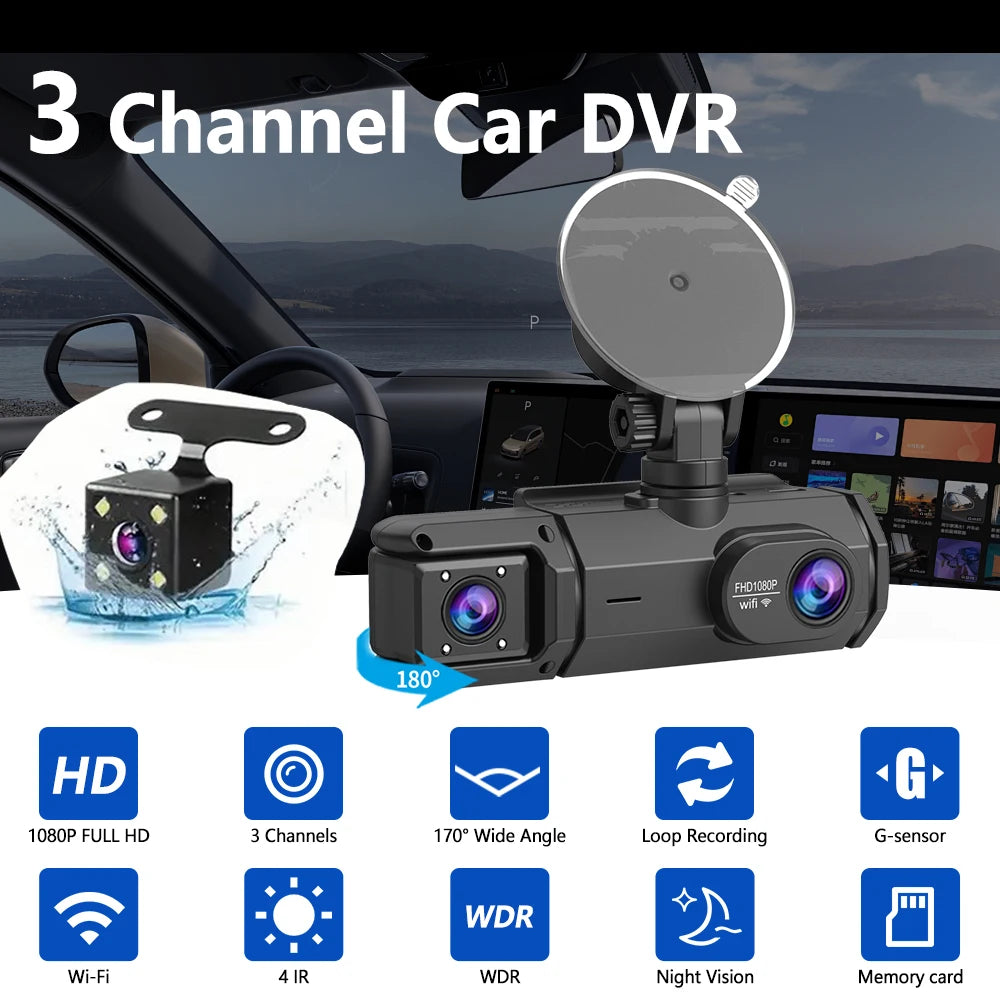 Dash Came For Cars 3 Channels FHD1080P Driving Recorder Car DVR Night Vision Loop Recording G-sensor Tachograph Dashboard Camera
