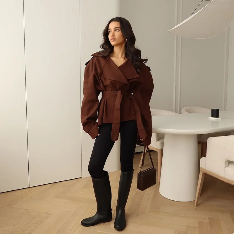 F New Fashion Lace up Cropped Trench Coat Women Lapel Long Sleeves Wide Shoulder Windbreaker Jacket Fall Commuting Daily Jackets