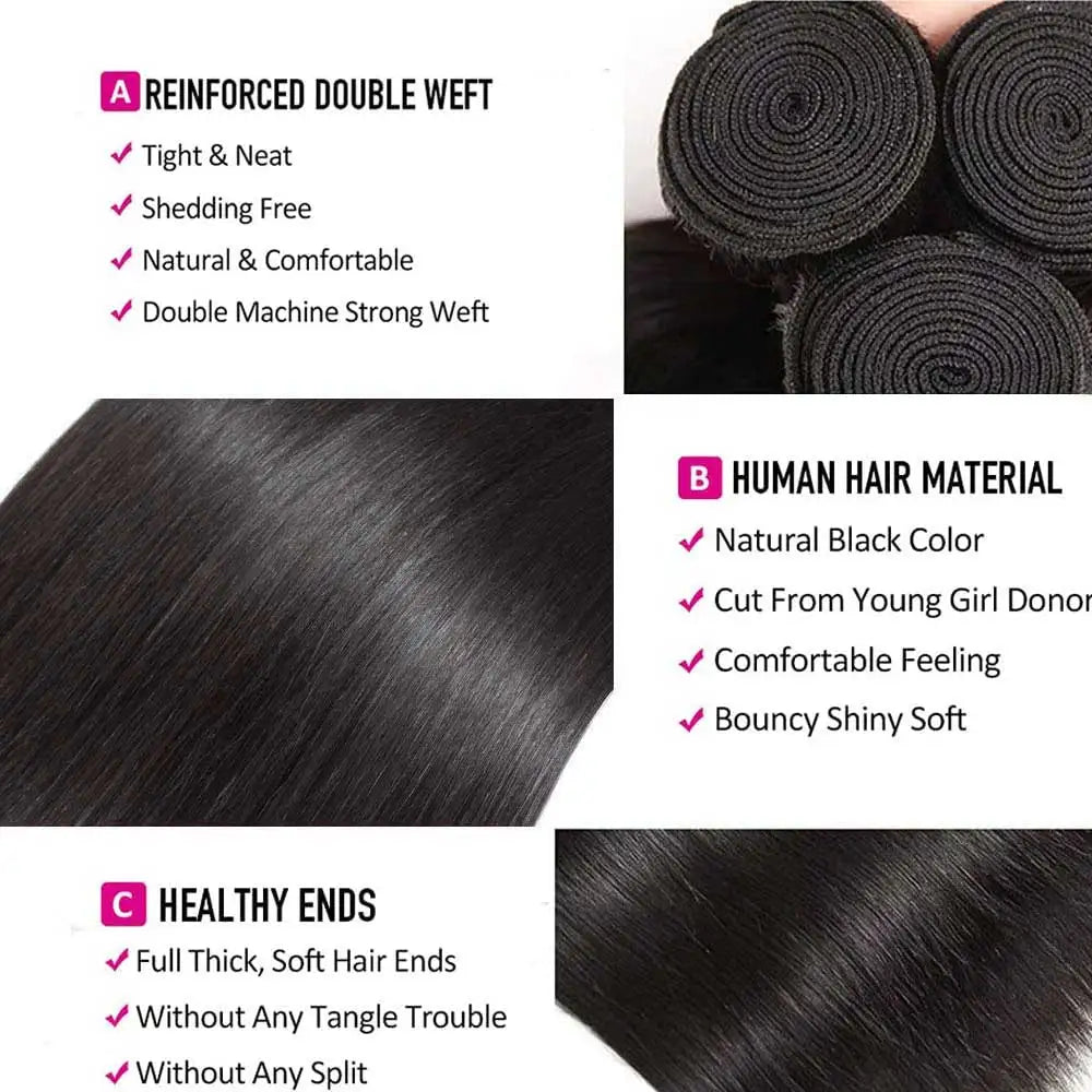 12A Brazilian Long Straight Hair 1/3/4 Bundle Deals Unprocessed Virgin Human Hair Bundles Natural Black Color 12-42 Inches