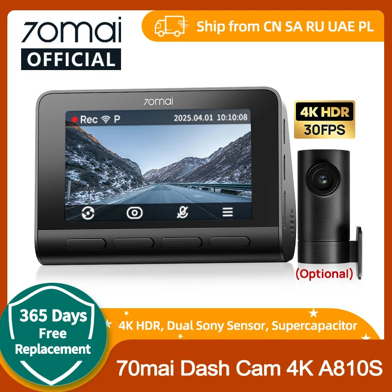 70mai Dash Cam 4K A810S HDR IMX678 Supercapacitor 4G LTE Remote Control Wi-Fi 6 Voice Control GPS ADAS Car Camera 70mai A810S