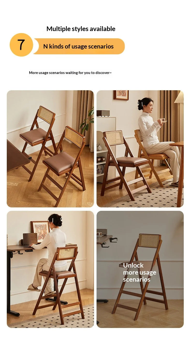Foldable Wooden Bar Stool High Counter Stool Rattan Back Modern Minimalist Kitchen Island Breakfast Bar Dining Room Furniture