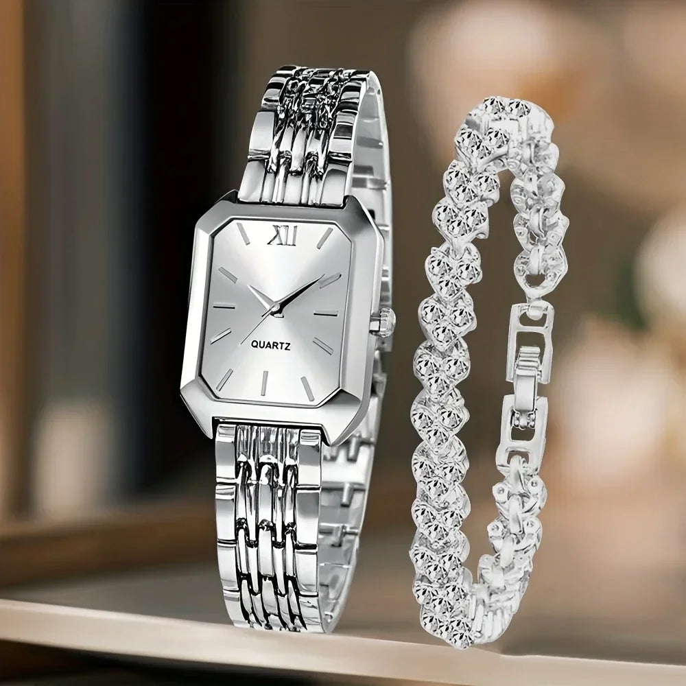 2PCS Fashion Rectangle Women Quartz Watch Rhinestone Bracelet Set Roma Dial Ladies Wristwatches Girls Clock Reloj Mujer