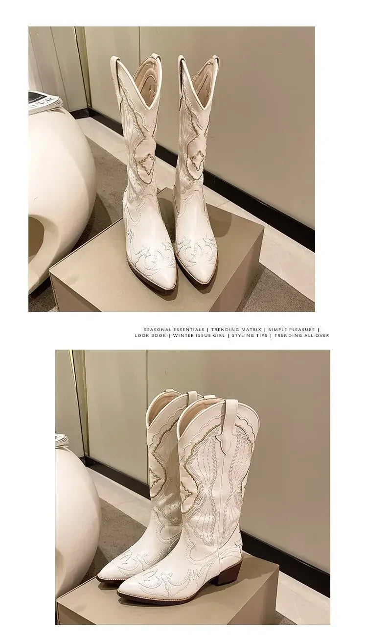 Vintage Square Head Thick Heel Cowboy Boot for Women Embroidered Western Cowboy Boots Side Zipper Shoes Autumn Pointed Boots