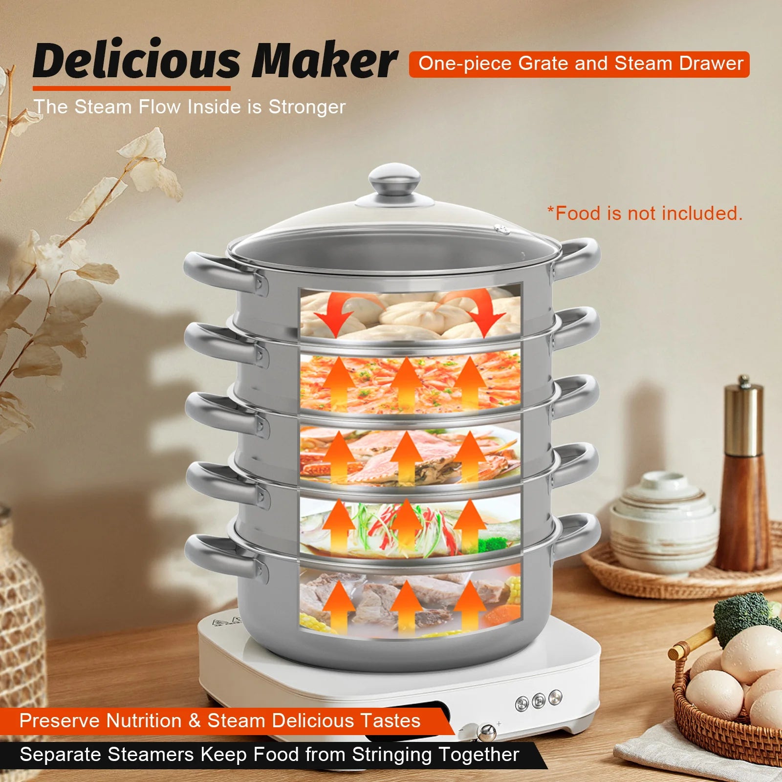 5-Layer Steamer 26cm/28cm/30cm Steam Cooker 304 Food-Grade Stainless Steel 4 Steaming Grids and 1 Cooking Pot W/ Glass Lid