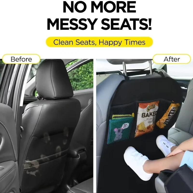 Waterproof Kick Mats Backseat Protector, Car Seat Back Protectors Black Seat Cover for Kids with 3 Pocket Storage Organizer,