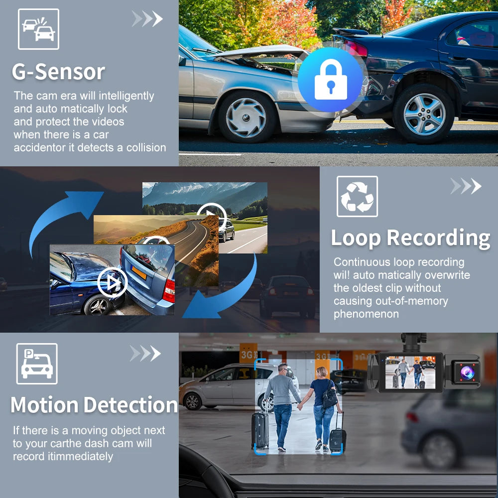 Dash Came For Cars 3 Channels FHD1080P Driving Recorder Car DVR Night Vision Loop Recording G-sensor Tachograph Dashboard Camera