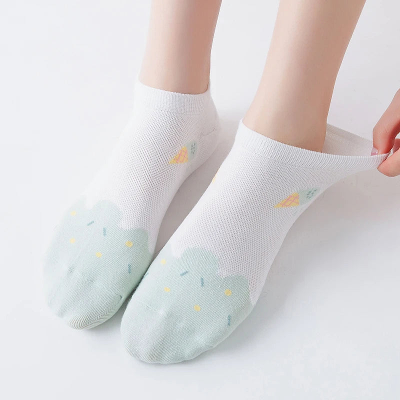 6 Pairs of Women Is Summer Thin Short Socks Sweet Cute Breathable Mesh Comfortable and Small Floral Fragments