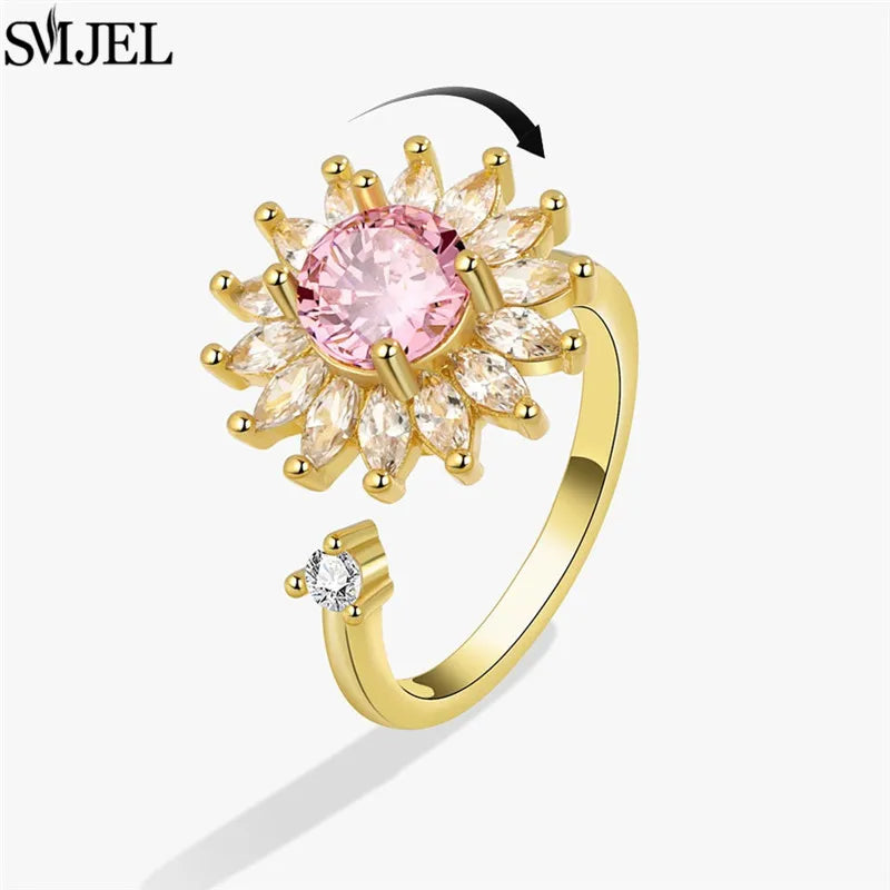 Ethnic Fashion Daisy Flower Anxiety Ring Adjustable Women Girls Worry Stress Relief Jewelry Spinning Fidget Rings Party Gifts