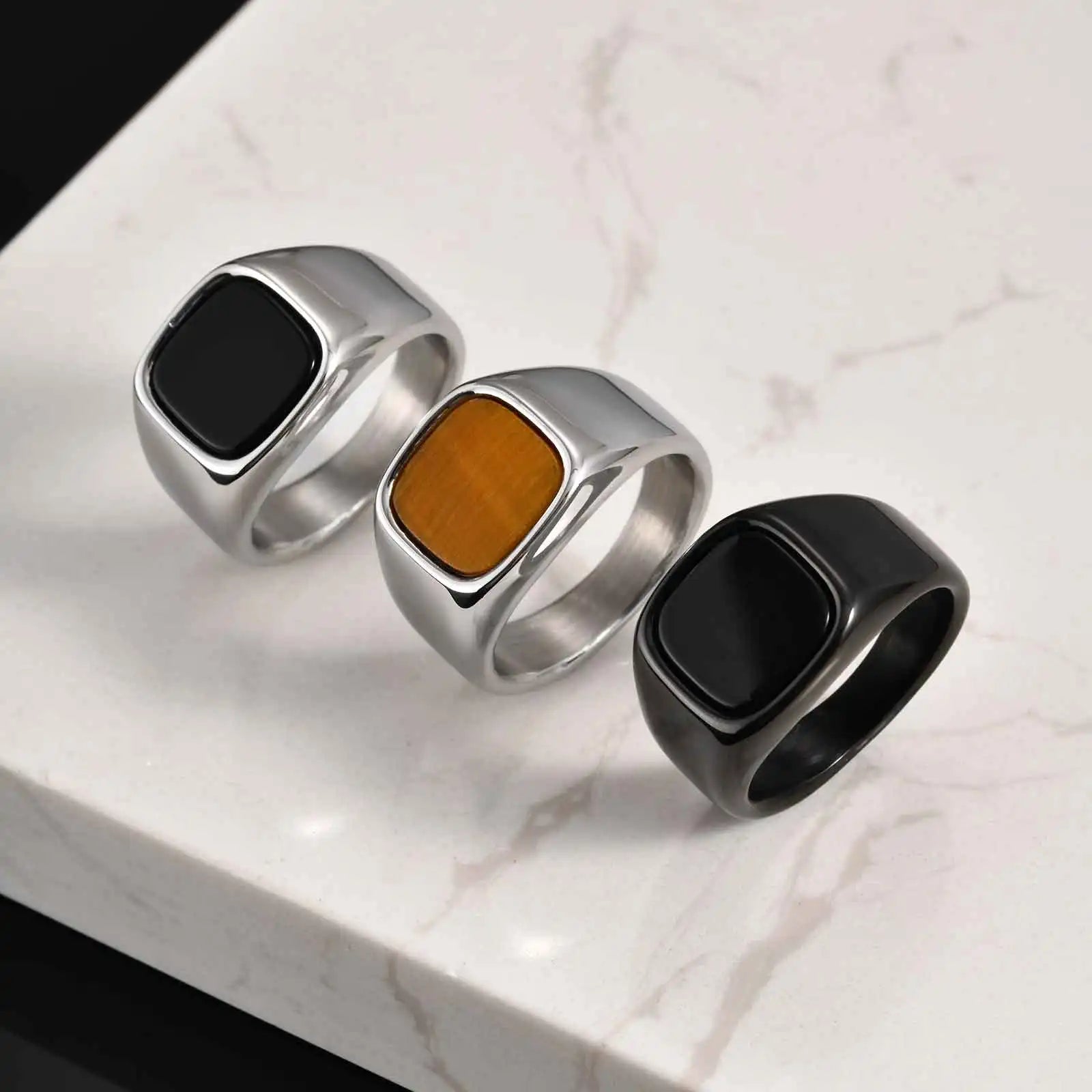 Men's High-Quality Stainless Steel Square Signet Ring with Black Glass And Natural Tiger Eye Stone - Fashion Classic Jewelry