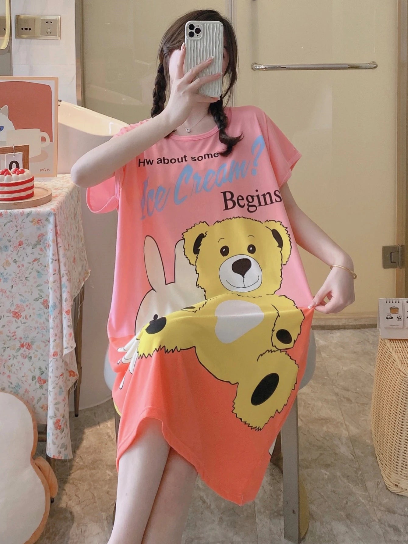 1PC, Summer And Autumn Cool Cute Girls Cartoon Nightdress, Comfortable Short-sleeved Dress, Women's Home Wear, Polyester Pajama
