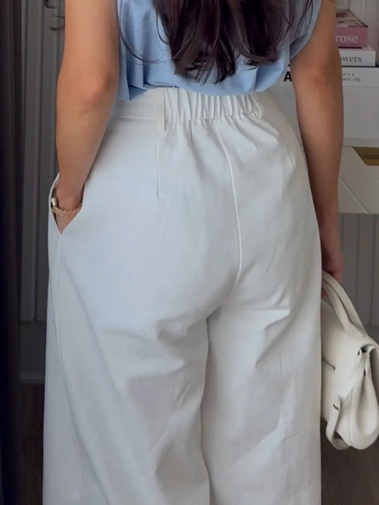 Summer White Pants For Women Cotton Formal High Waist Wide Leg Trousers Ladies Elegant Summer Women's Pants Straight Leg Office