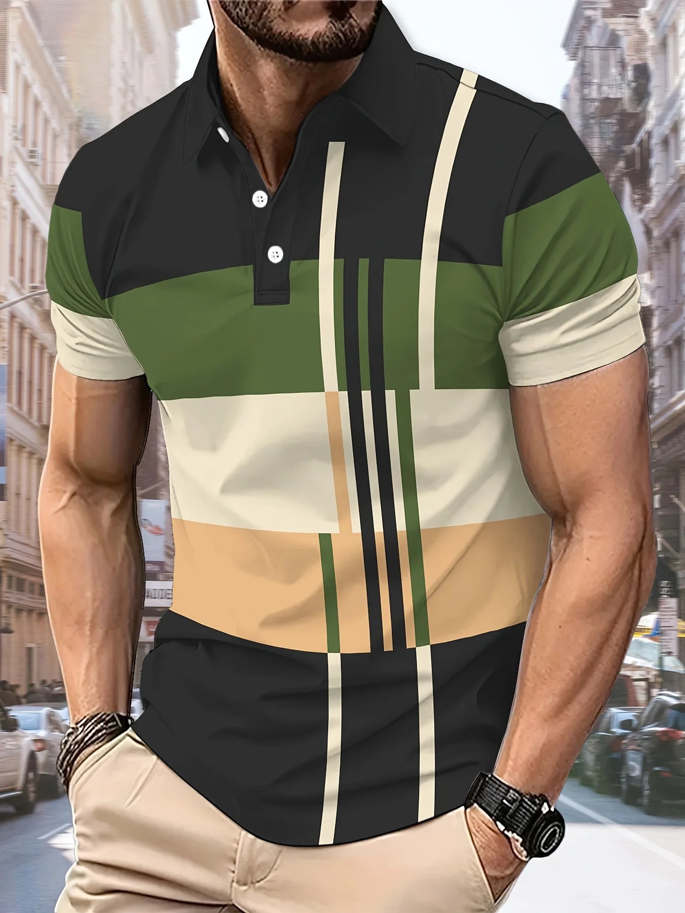 The 2025 summer new men's POLO shirt features a casual fashionable comfortable and breathable 3D striped pattern print