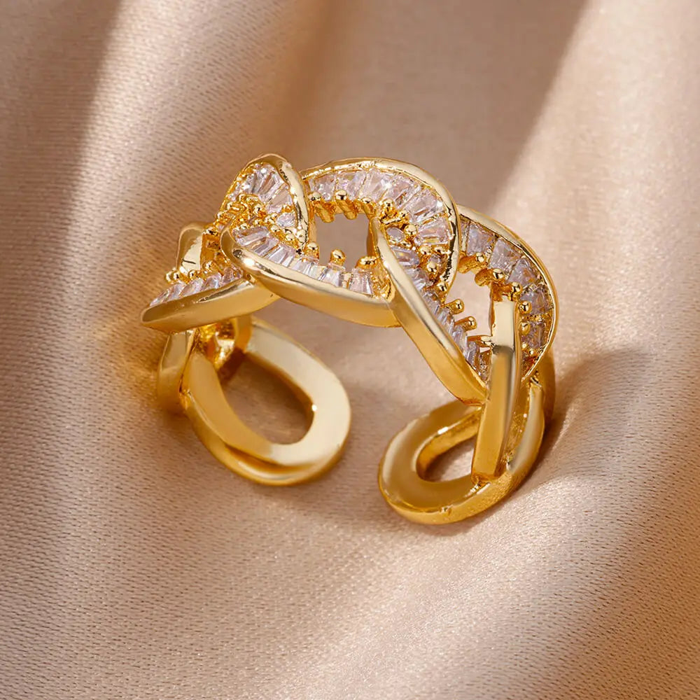 Fashion Chain Hollow Out Rings For Women Gold Color Stainless Steel Zircon Cross Open Ring Trendy Wedding Aesthetic Jewerly Gift