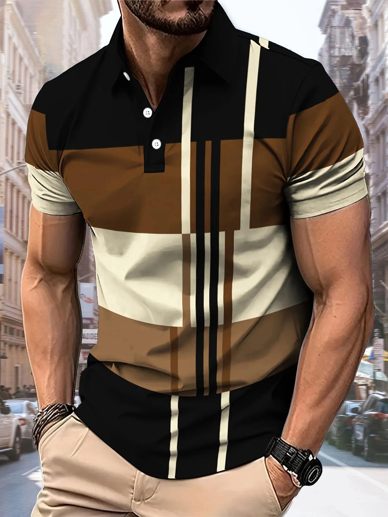 The 2025 summer new men's POLO shirt features a casual fashionable comfortable and breathable 3D striped pattern print