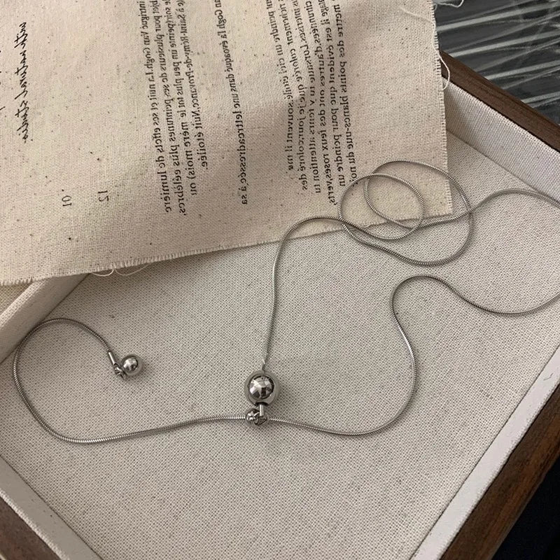 LATS Personality Stainless Steel Beaded Ball Pendant Necklace for Women Silver Color Double Layer Hip Hop Rock Chokers Jewelry