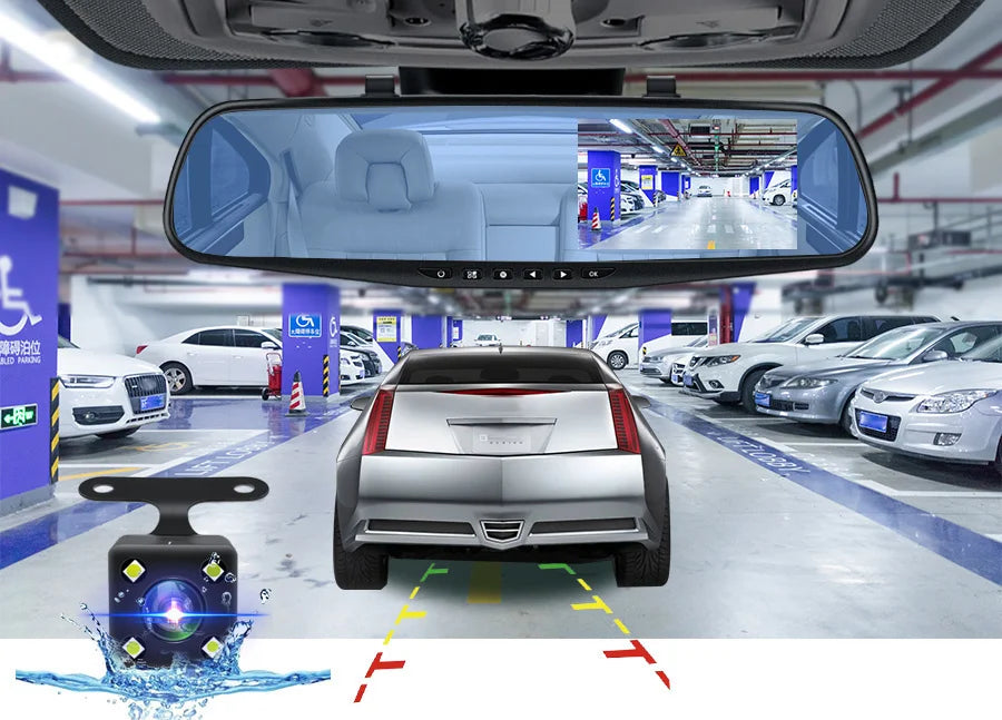 Dash Cam 4.3 inch "mini rear-view mirror digital dashcam, front and rear dual cameras IPS Front and Rear Camera Registrar Black