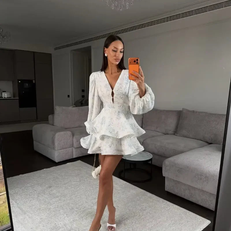 Women Floral Print Mini Dress V-neck Balloon Sleeve Keyhole Detail Tiered Ruffle Hem Dresses 2026 New Summer Holiday Party Gowns