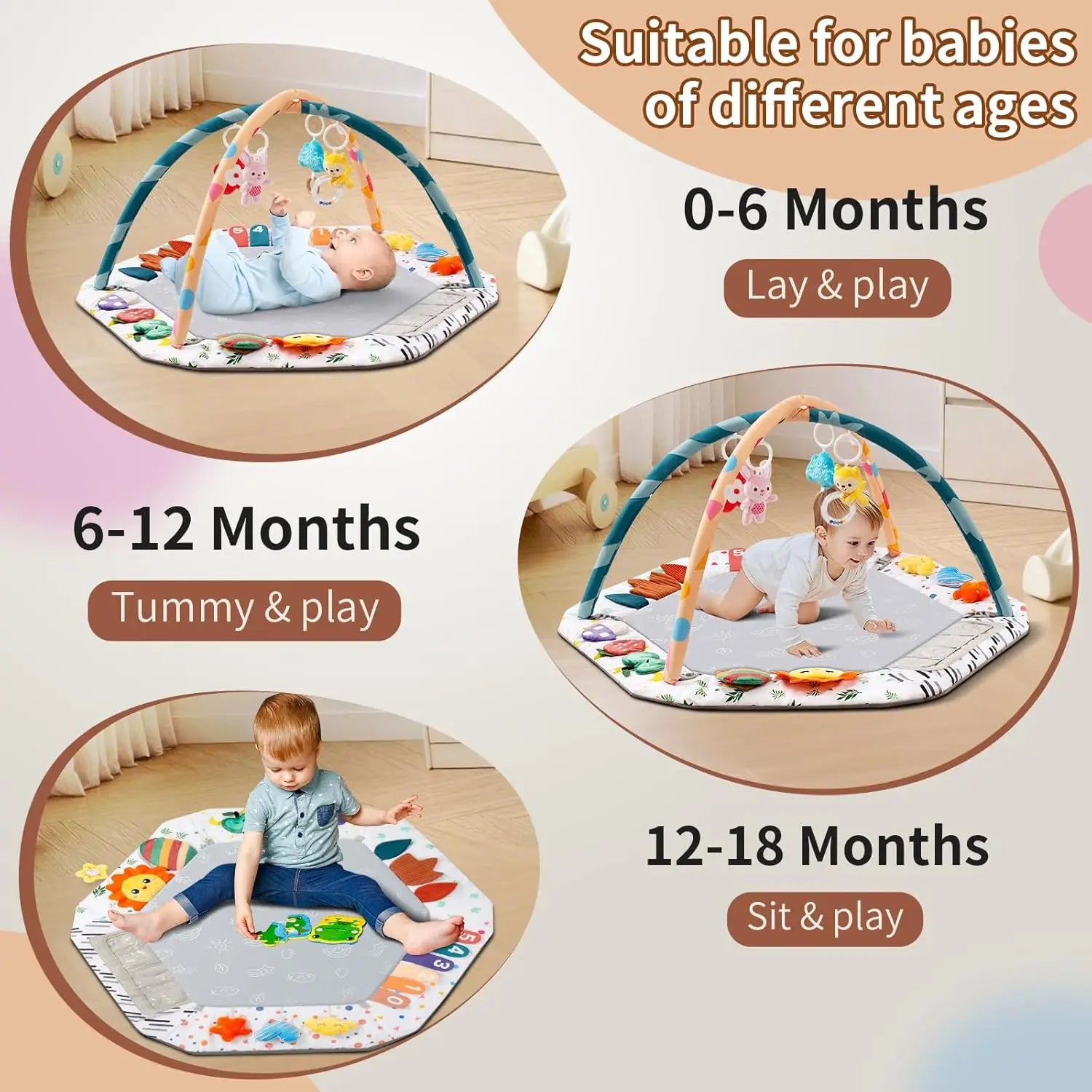 Ultimate Tummy Time Mat for Infants - 6 Educational Play Zones with 4 Hanging Sensory Toys to Boost Motor Skills