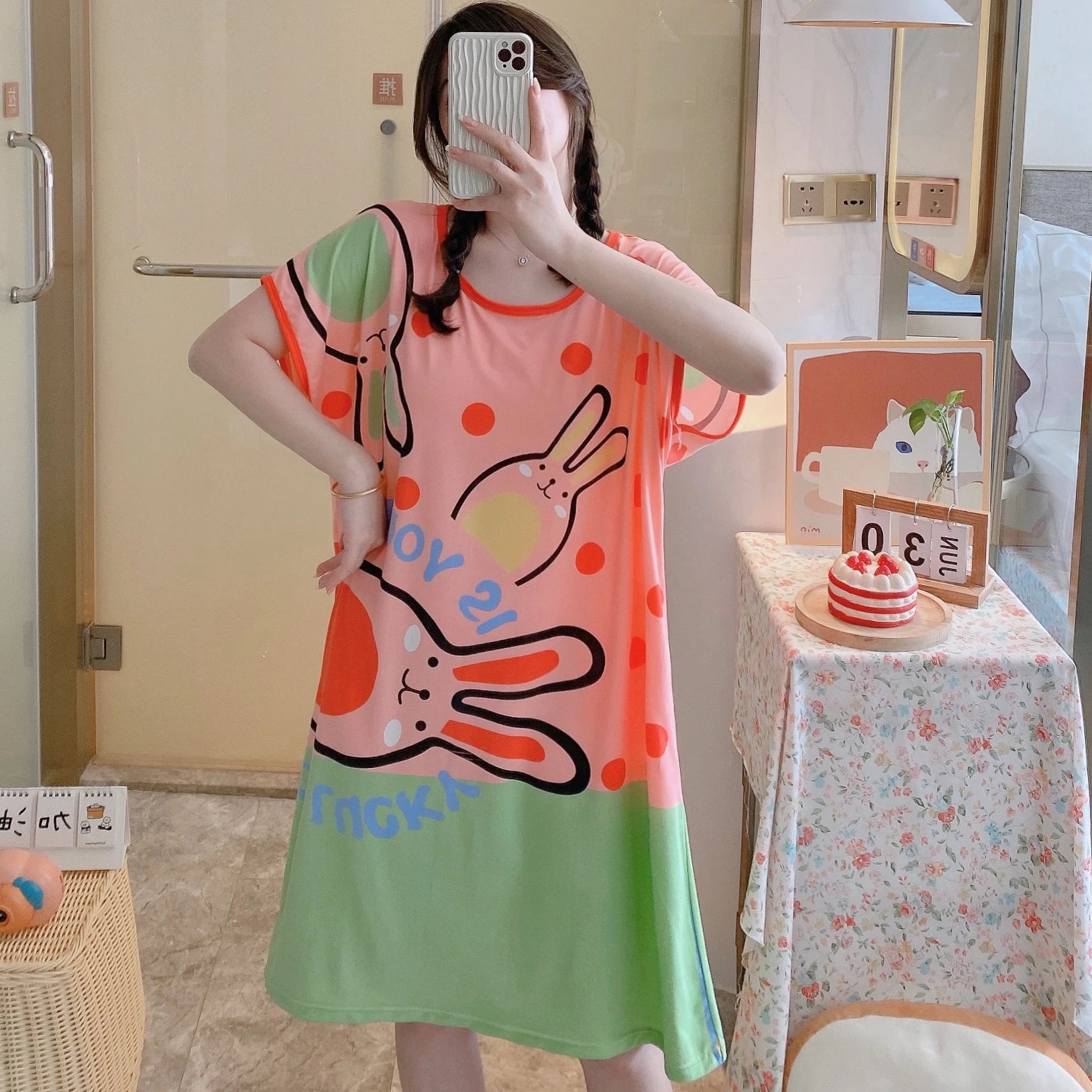1PC, Summer And Autumn Cool Cute Girls Cartoon Nightdress, Comfortable Short-sleeved Dress, Women's Home Wear, Polyester Pajama