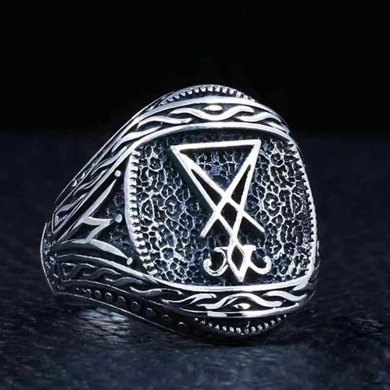 Vintage Gothic Lucifer Seal of Satan Signet Rings Punk Stainless Steel Seal Rings With Black Stone Pagan Jewelry Party Man Gift
