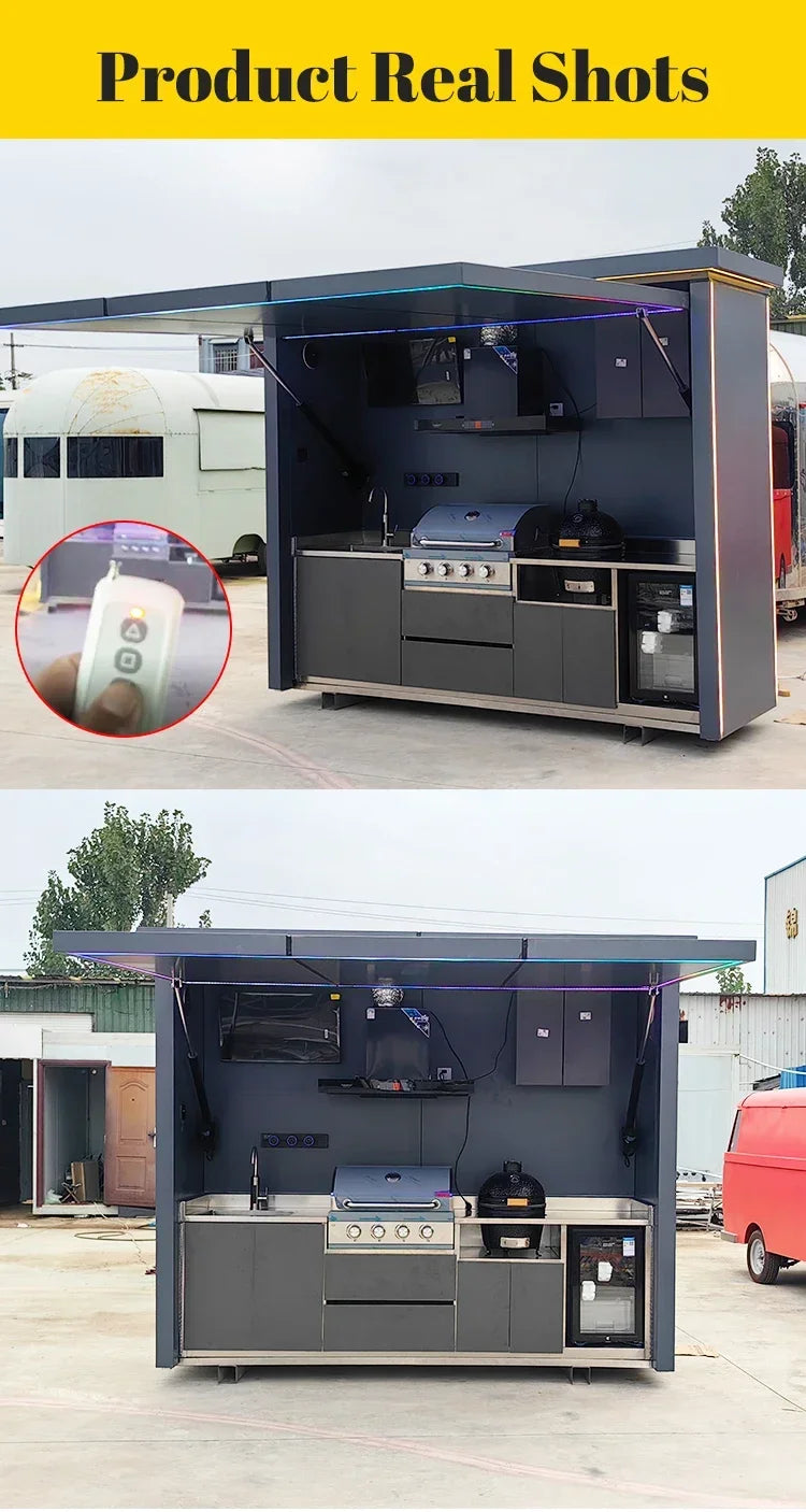 Customized outdoor kitchen in black appearance, affordable cost and stainless steel canopy included