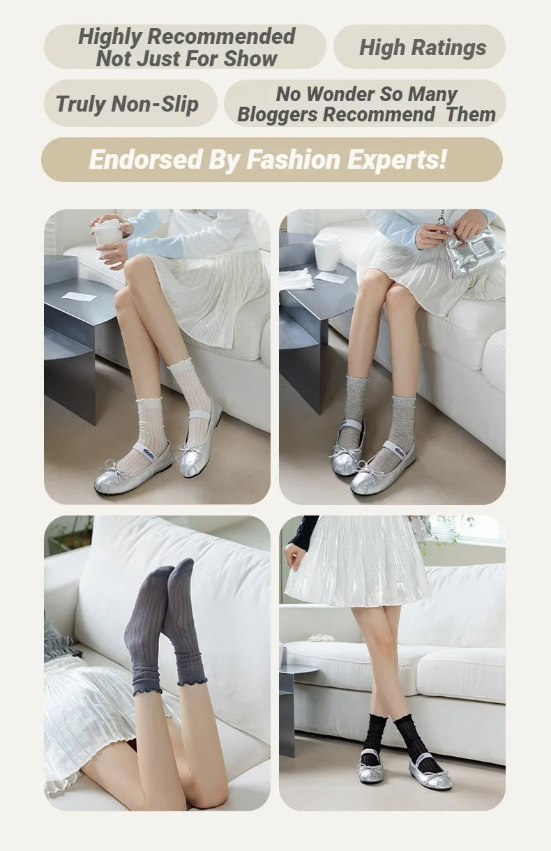Women Solid Color Mesh Mid Tube Socks Spring Summer Thin Lightweight Breathable Wavy Edge Ballet Style Casual Hollo