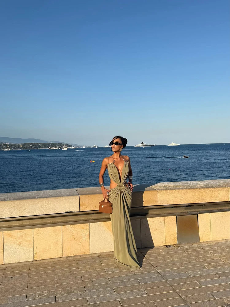 Women's Metal Trim Spaghetti Strap Maxi Dress Sexy Deep V Cutout Waist Crisscross Backless Vestidos Beach Evening Party Gown