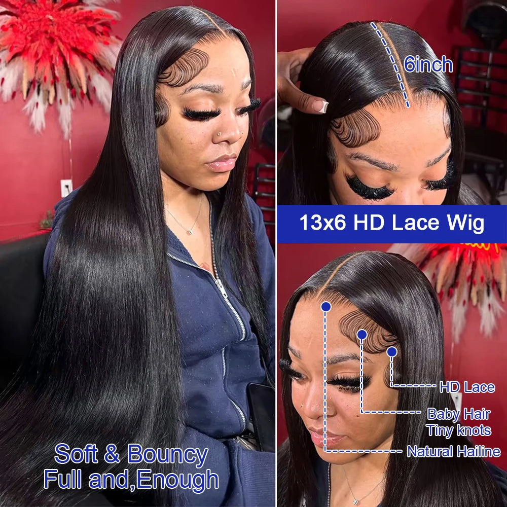 Smooth Silky Long Straight Glueless Full Lace Front Human Hair Wigs For Women Cambodian Raw Virgin 13x4 13x6 Hd Bone Straight Transparent Lace Front Wig Human Hair 40 42 Inch 300 Density Silky Straight HD Lace Frontal Wig Pre