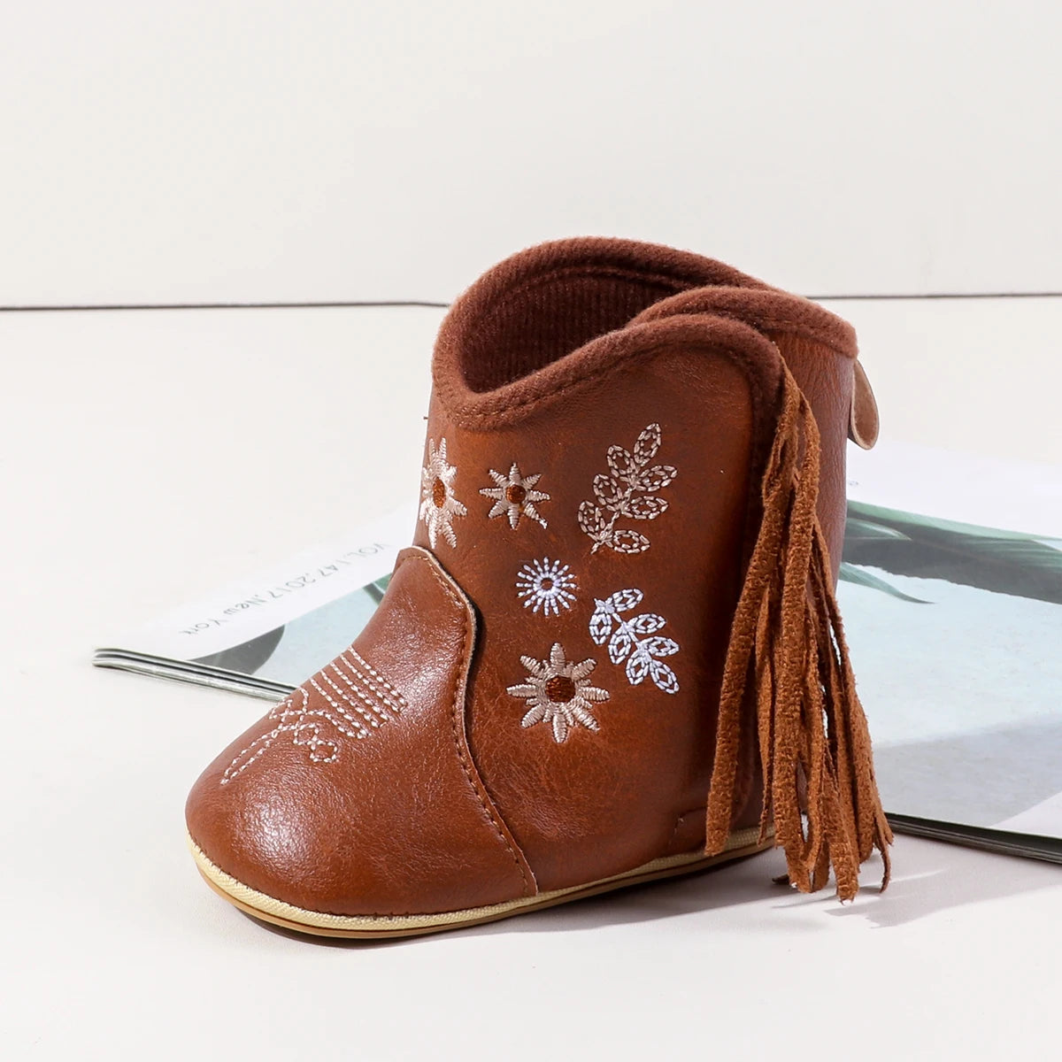 Leather Western Boots Cowboy Bootie Soft Sole Non-Slip Crib Shoes for Baby Infant Toddler Girls Boys Newborn