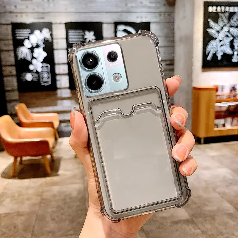 Note13 Card Slot Holder Bag Case On For Xiaomi Redmi Note 13 12 11 Pro 10 12s 11s 10s 9 Mi 12T 13T Poco X6 X5 X3 NFC Clear Cover