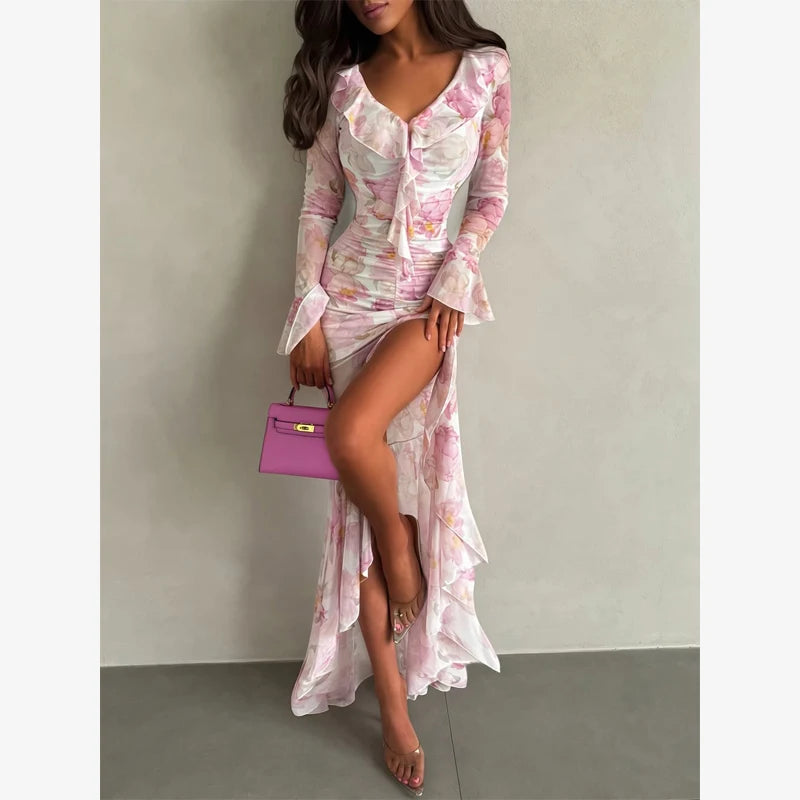 Fashion Organza Floral Printed Maxi Dress V-Neck Puff Sleeve 2026 Spring/Summer Romantic Women Party Gown Elegant Lady Vestido
