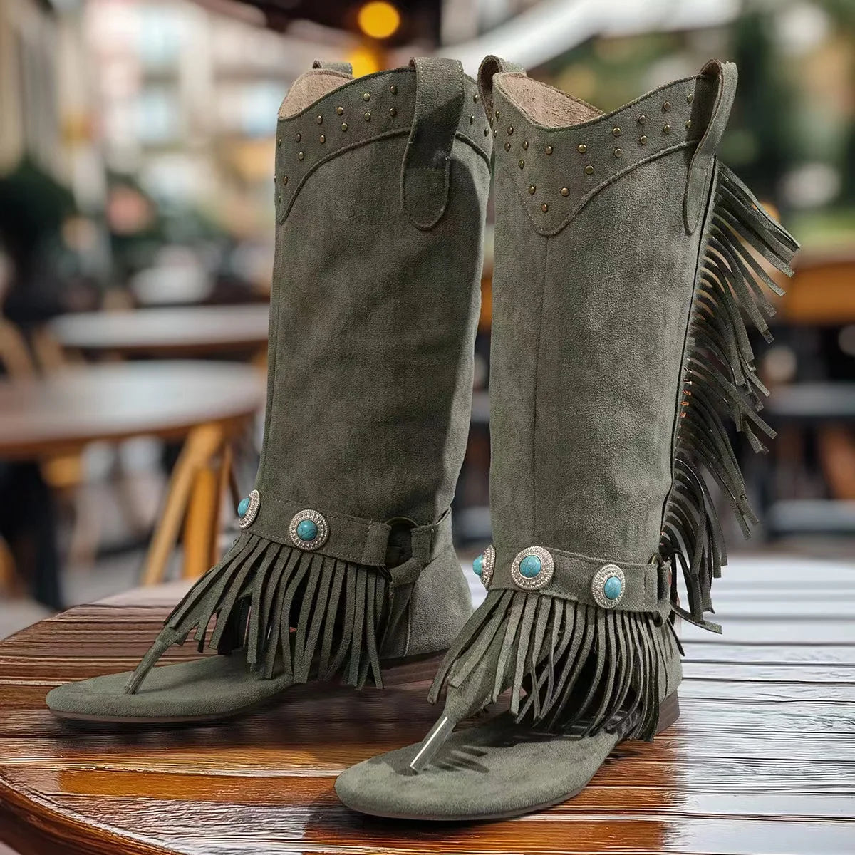 Womens Open Toe Boot Ethnic Style Tassels Rhinestone Vacation Beach Summer Flip Flops Lightweight soft Western cowgirl boots
