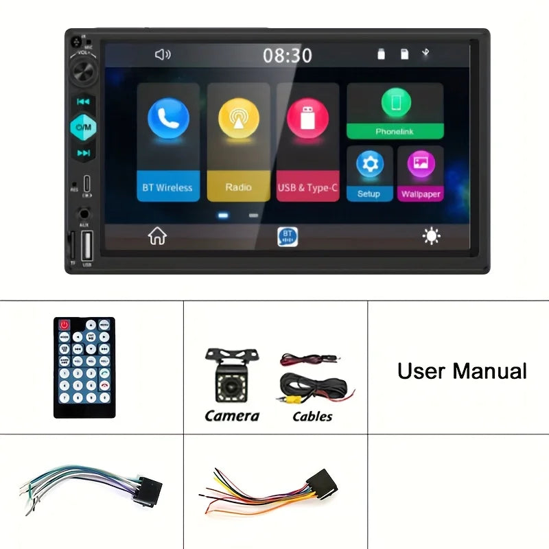 [17.78 cm Support Type-C Car MP5 Player] Double Din Car Stereo Player | with Wireless FM, Type-C/Usb/Tf/Aux Input