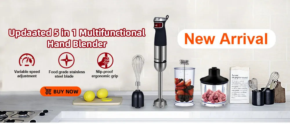 BioloMix 1200W 5-in-1 Immersion Hand Stick Blender Mixer Vegetable Meat Grinder 800ml Chopper Whisk 600ml Smoothie Cup