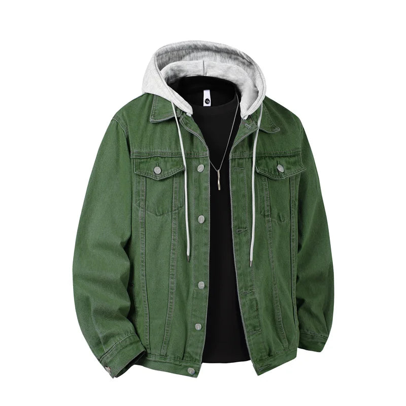 Autumn Winter Hooded Denim Jackets Men Casual Streetwear Outerwear Solid Color Loose Couple Denim Coats Hat Detachable Jacket