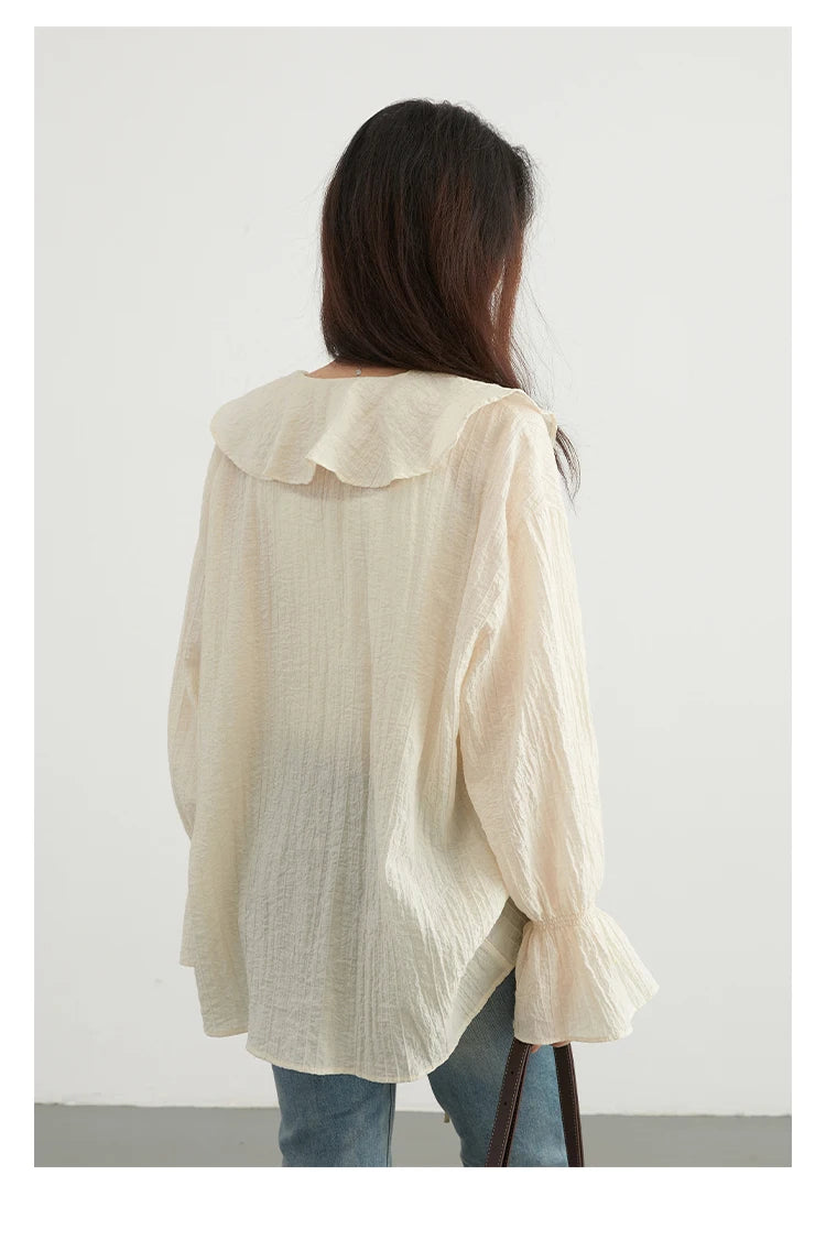 CHIC VEN Women Shirt Loose Casual Ruffled Edges Female Blouses V Neck Lace Up Mid Length Woman Shirts Spring Summer 2026