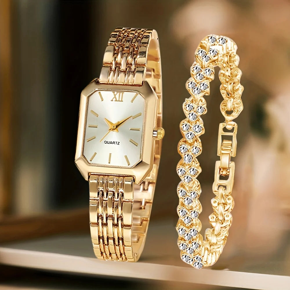 2PCS Fashion Rectangle Women Quartz Watch Rhinestone Bracelet Set Roma Dial Ladies Wristwatches Girls Clock Reloj Mujer