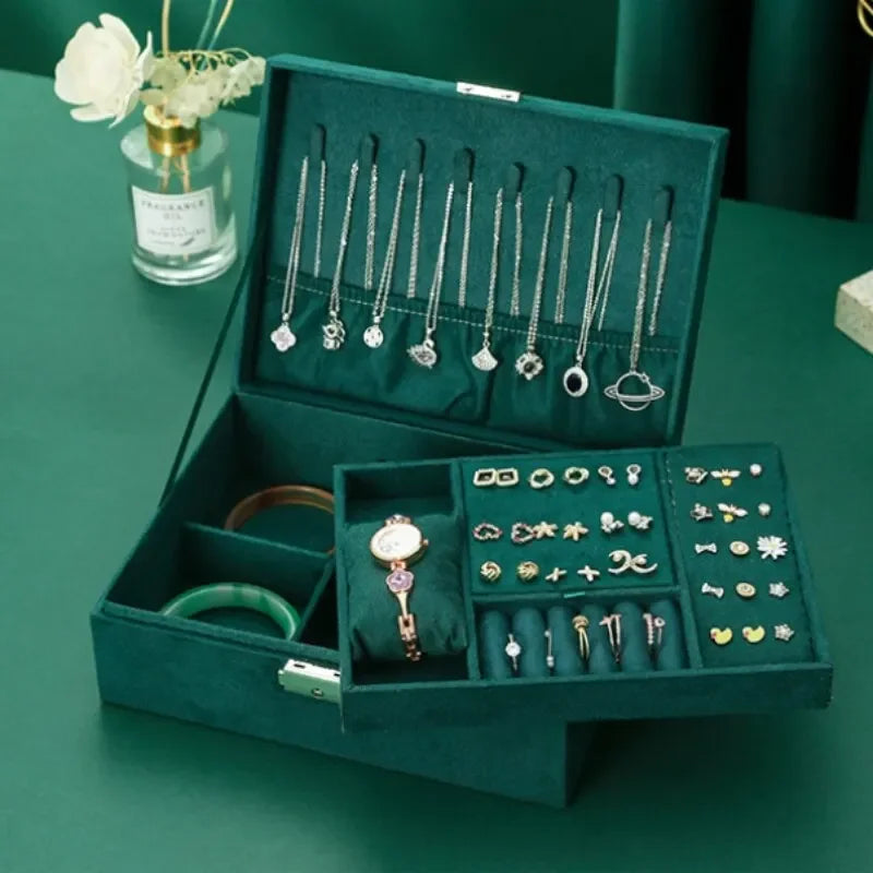 Pink Green 2-Layer Flannel Jewelry Organizer Box Necklaces Earrings Rings Display Holder Case for Women Large Capacity With Lock