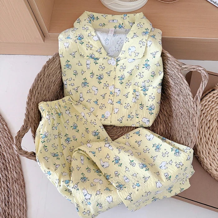 Sweet Cute Goose Print Korean Fashion Women's Pajamas Nightwear Kawaii Casual Lapel Neck Y2K Pajamas Set Autumn New Loungewear