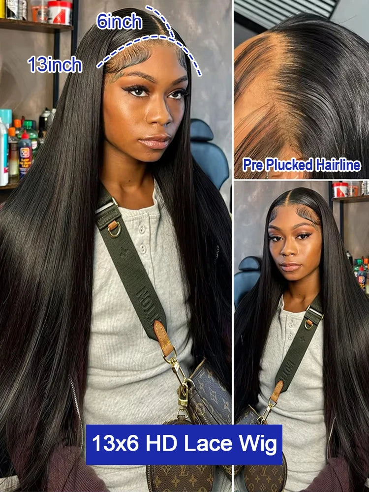 13x4 Bone Straight 250% Density Human Hair Wig 13x6 HD Lace Frontal Wig 40 Inch Natural Black Glueless Lace Front Wig for Women