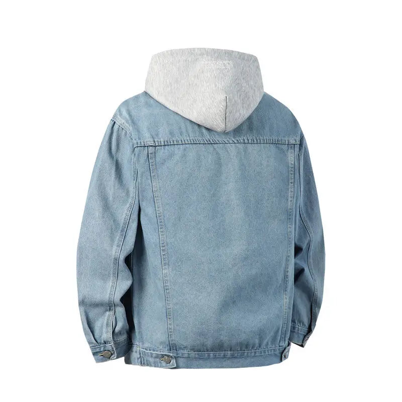 Autumn Winter Hooded Denim Jackets Men Casual Streetwear Outerwear Solid Color Loose Couple Denim Coats Hat Detachable Jacket