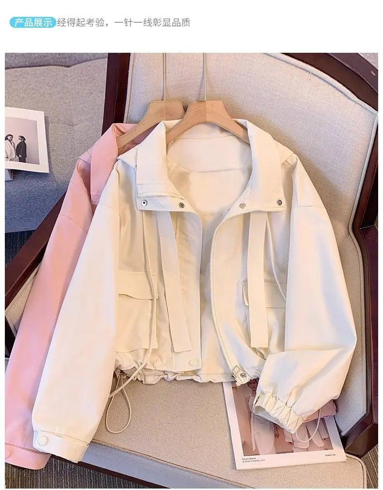 Short Hooded Jacket Women's Spring Autumn 2026 New Lady Loose Thin Work Jacket Top Solid Casual Student Zipper Outwear