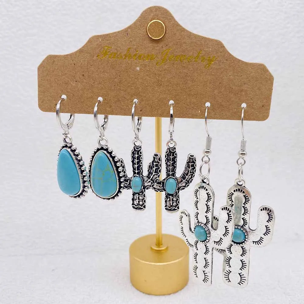 Western Retro  Turquoise Bull Head Earrings Cactus Boots Cowboy Hat Alloy Ethnic Style Earrings Set Jewelry for Women