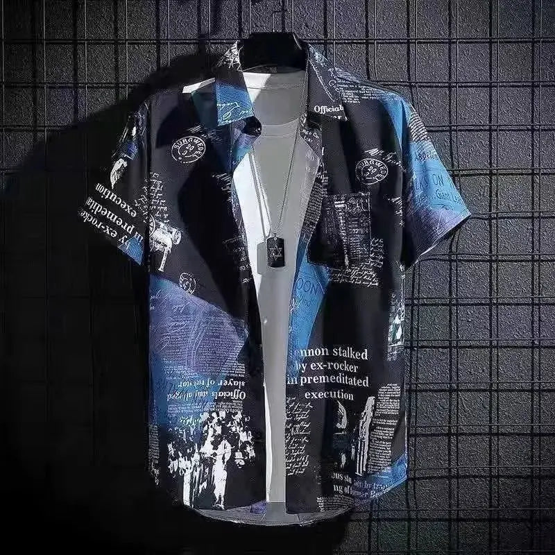 Short sleeved shirt men's thin graffiti print Hong Kong fashion clothing beach floral loose half sleeved shirt