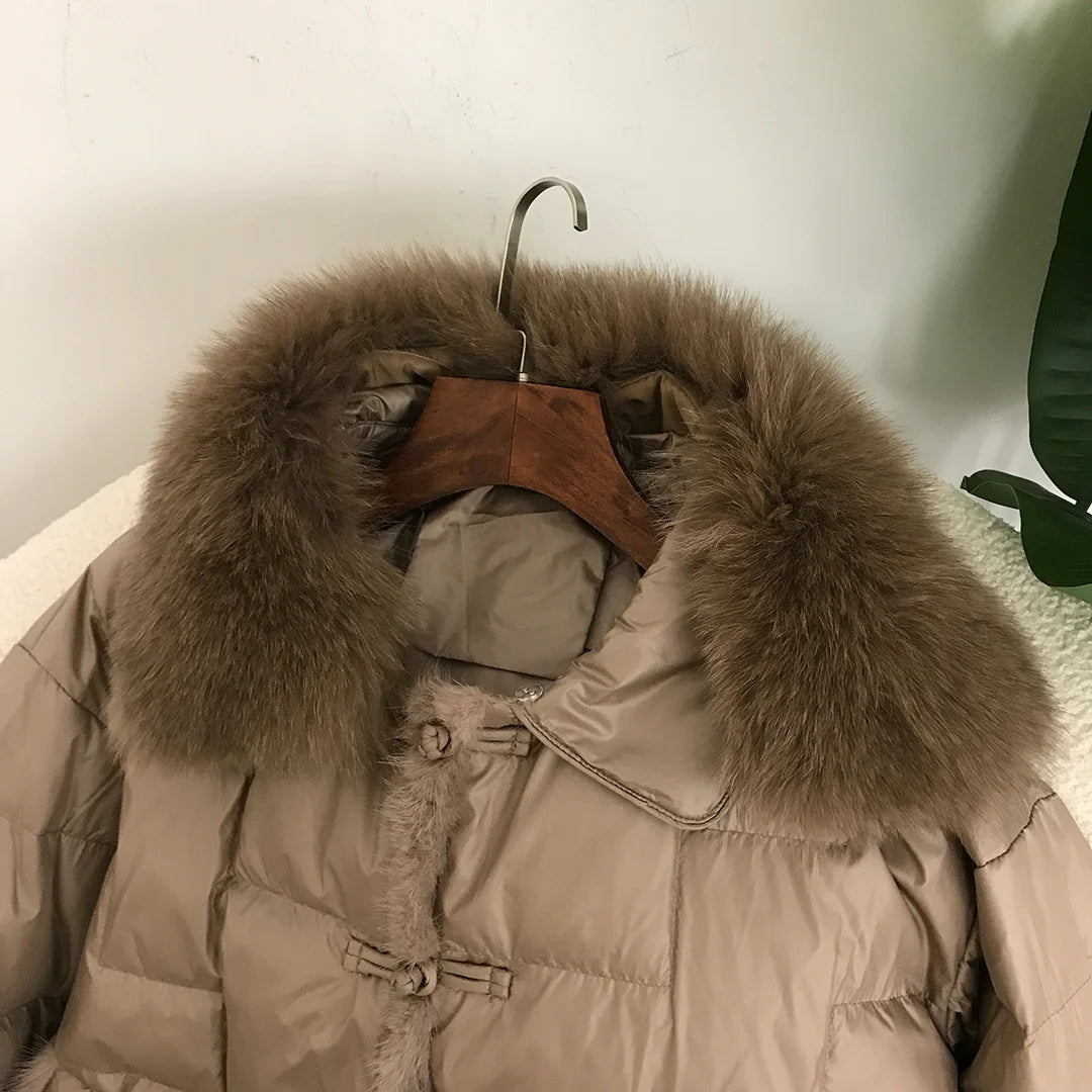 Real Fox Mink Fur Collar Coat Winter Women White Duck Down Jacket Ladies Short Warm Puffer Female Loose Vintage Parka Outerwear