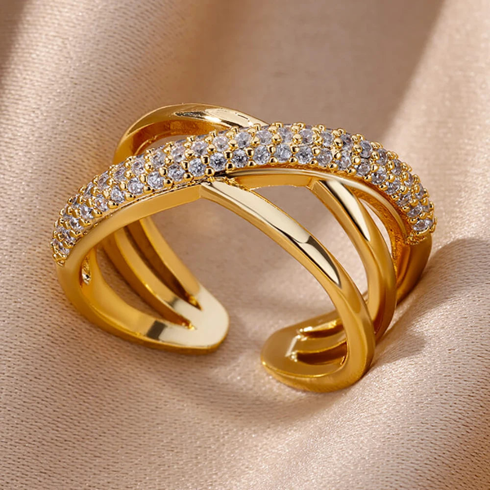 Fashion Chain Hollow Out Rings For Women Gold Color Stainless Steel Zircon Cross Open Ring Trendy Wedding Aesthetic Jewerly Gift