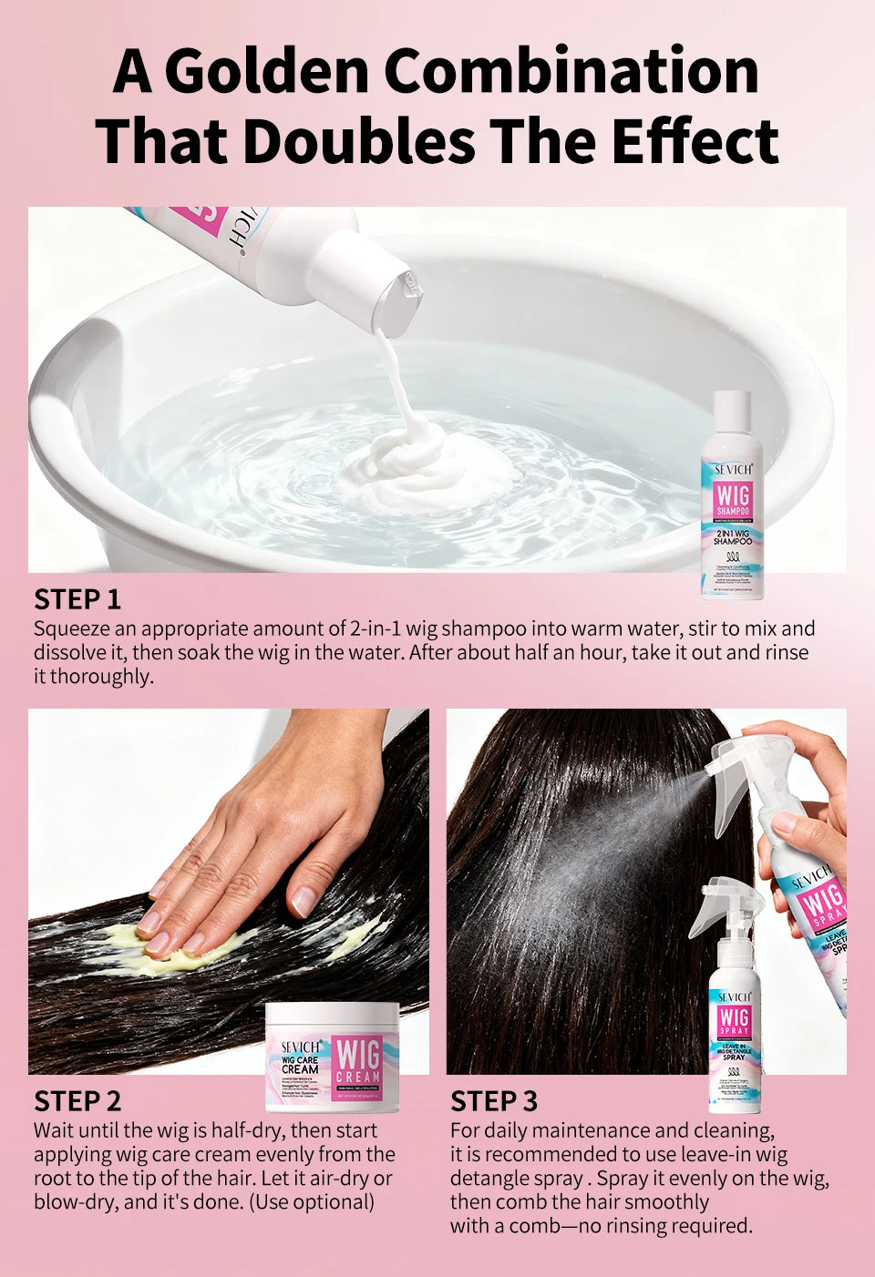 SEVICH 2-IN-1 Wig Shampoo 100ml Human and Synthetic Wig Deep Cleansing Moisturizing Shine 2 in 1 Shampoo Professional Wig Care