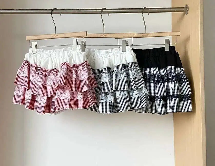 2025 Spring Summer Sweet Cute Lace Patchwork Plaid Cake Short Skirt With Shorts Womem Korean Japan Preppy Style Skirts