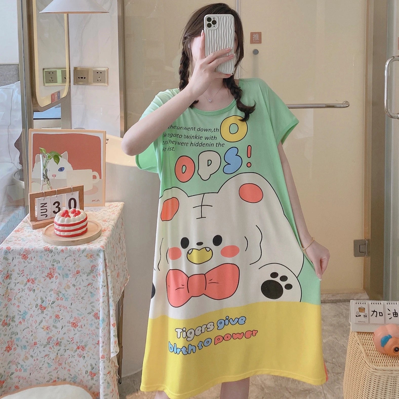 1PC, Summer And Autumn Cool Cute Girls Cartoon Nightdress, Comfortable Short-sleeved Dress, Women's Home Wear, Polyester Pajama