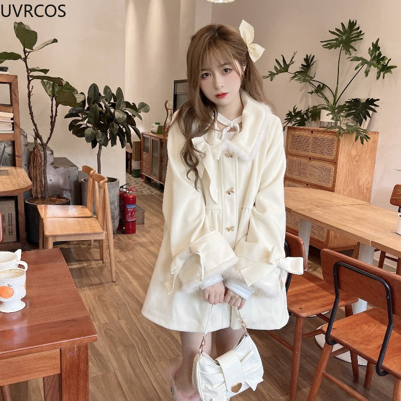 Japan Style Sweet Bow Lolita Woolen Coats Womem Winter Clothes 2024 Thickend Warm Outerwear Jacket Female Fashion Christmas Coat